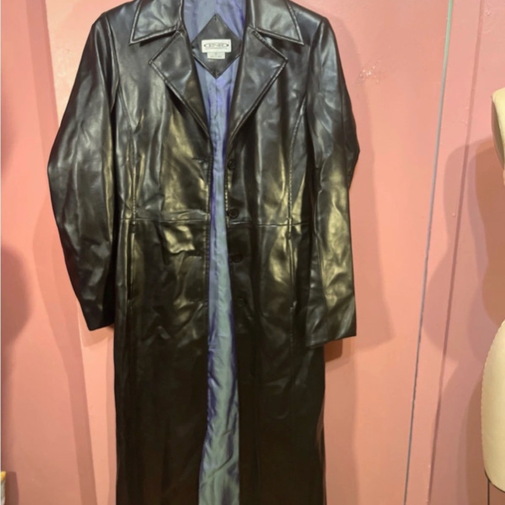 90s Vibtage Long Black Faux Leather Jacket- ENR